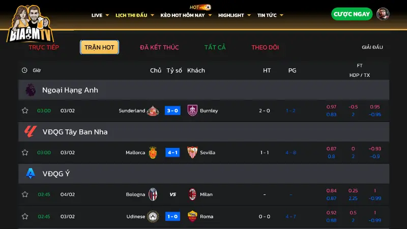 Lịch thi đấu đáng chú ý trên Biaomtv